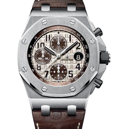 Audemars Piguet Royal Oak Offshore Chronograph 42 mm МЕХАНИЗМ Калибр 3126/3840, мануфактурный с автоматическим подзаводом Общий диаметр : 29,92 мм (13 1/4 линии) Высота : 7,16 мм Количество камней : 59 Количество деталей : 365 Резерв хода : 55 часов Частота баланса : 3 Гц (21 600 полуколебаний/час) КОРПУС Из стали Стекло и задняя крышка сапфировые с антибликовым покрытием Заводная головка с винтовым стопором и кнопки из черной керамики Водонепроницаемость до 100 метров ЦИФЕРБЛАТ Цвета слоновой кости с узором Mega Tapisserie Коричневые счетчики Коричневые арабские цифры с люминесцентным покрытием Стрелки Royal Oak из белого золота с люминесцентным покрытием Коричневый внутренний безель РЕМЕШОК Прошитый вручную, из спинной кожи аллигатора (Hornback), коричневого цвета, с пряжкой из стали ФУНКЦИИ Хронограф (60-секундная стрелка в центре, 30-минутный и 12-часовой счетчики) Часы Минуты Секунды (малый циферблат) Дата АРТИКУЛ 26470ST.OO.A801CR.01