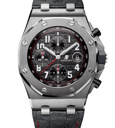 Audemars Piguet Royal Oak Offshore Chronograph 42 mm МЕХАНИЗМ Калибр 3126/3840, мануфактурный с автоматическим подзаводом Общий диаметр : 29,92 мм (13 1/4 линии) Высота : 7,16 мм Количество камней : 59 Количество деталей : 365 Резерв хода : 55 часов Частота баланса : 3 Гц (21 600 полуколебаний/час) КОРПУС Из стали Стекло и задняя крышка сапфировые с антибликовым покрытием, Заводная головка с винтовым стопором и кнопки из черной керамики Водонепроницаемость до 100 метров ЦИФЕРБЛАТ Черный циферблат с узором Mega Tapisserie Черные счетчики Белые арабские цифры с люминесцентным покрытием Стрелки Royal Oak из белого золота с люминесцентным покрытием Черный внутренний безель РЕМЕШОК Прошитый вручную, из спинной кожи аллигатора (Hornback), черного цвета, с пряжкой из стали ФУНКЦИИ Хронограф (60-секундная стрелка в центре, 30-минутный и 12-часовой счетчики) Часы Минуты Секунды (малый циферблат) Дата АРТИКУЛ 26470ST.OO.A101CR.01