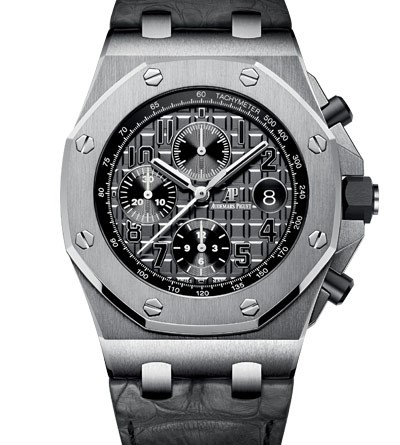 Audemars Piguet Royal Oak Offshore Chronograph 42 mm МЕХАНИЗМ Калибр 3126/3840, мануфактурный с автоматическим подзаводом Общий диаметр : 29,92 мм (13 1/4 линии) Высота : 7,16 мм Количество камней : 59 Количество деталей : 365 Резерв хода : 55 часов Частота баланса : 3 Гц (21 600 полуколебаний/час) КОРПУС Из стали Стекло и задняя крышка сапфировые с антибликовым покрытием Заводная головка с винтовым стопором и кнопки из черной керамики Водонепроницаемость до 100 метров ЦИФЕРБЛАТ Грифельно-серый с узором Mega Tapisserie Черные счетчики Черные арабские цифры с люминесцентным покрытием Стрелки Royal Oak из белого золота с люминесцентным покрытием Черный внутренний безель РЕМЕШОК Прошитый вручную, из спинной кожи аллигатора (Hornback), серого цвета, с пряжкой из стали ФУНКЦИИ Хронограф (60-секундная стрелка в центре, 30-минутный и 12-часовой счетчики) Часы Минуты Секунды (малый циферблат) Дата АРТИКУЛ 26470ST.OO.A104CR.01