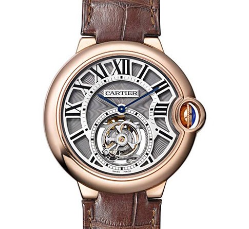 Ballon Bleu de Cartier 39 mm Flying Tourbillon watch Мануфактурный калибр 9452 MC, ручной завод, парящий турбийон, запас хода – 50 часов Корпус: 18К розовое золото, диаметр - 39 мм, толщина – 11.4 мм, заводная головка – синий сапфир, прозрачная задняя крышка Циферблат: грифельно-серый, гальванизированный, гильошированный/стрелки из вороненой стали Стекло: сапфировое Водонепроницаемость: 30 м Ремешок: коричневый , кожа аллигатора/складная застежка из 18К розового золота
