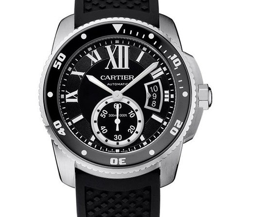 CALIBRE DE CARTIER DIVER WATCH IN STEEL Мануфактурный калибр 1904 MC, автоподзавод, Корпус: сталь, диаметр - 42 мм, толщина – 11 мм, заводная головка – синий сапфир, безель - ADLC покрытие Циферблат: черный, улиточный (спиральный) декор/покрытие SUPERLUMINOVA на XII и стрелках Стекло: сапфировое Водонепроницаемость: 300 м Ремешок: каучуковый/застежка-пряжка