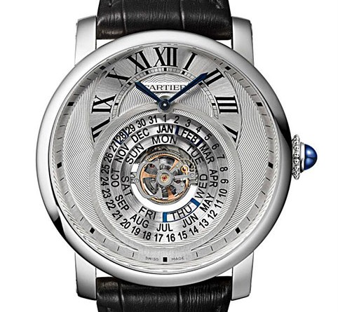 Rotonde de Cartier Astrocalendaire watch Лимитированная серия – 100 экз. Мануфактурный калибр 9459 MC, автоподзавод, турбийон, вечный календарь, запас хода – 50 часов Корпус: платина, диаметр - 45 мм, толщина – 15.1 мм, заводная головка – синий сапфир, прозрачная задняя крышка Циферблат: серебристый, стрелки из вороненой стали Стекло: сапфировое Водонепроницаемость: 30 м Ремешок: черный, кожа аллигатора/складная застежка из 18К белого золота