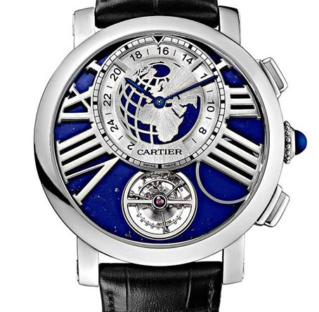 Rotonde de Cartier Earth and Moon watch Лимитированная серия – 50 экз. Мануфактурный калибр 9440 MC, ручной завод, турбийон, время второго часового пояса, фаза Луны, запас хода – 3 дня Корпус: платина, диаметр - 47 мм, толщина – 16.65 мм, заводная головка – синий сапфир, Циферблат: ляпис-лазурь, римские цифры из белого золота, стрелки из вороненой стали Стекло: сапфировое Водонепроницаемость: 30 м Ремешок: черный, кожа аллигатора/складная застежка из 18К белого золота