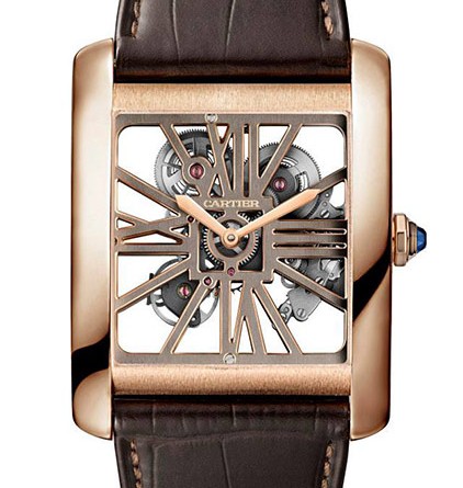 Cartier Tank MC Two-tone Skeleton watch Мануфактурный калибр 9619 MC , ручной завод, скелетонированные мосты в виде римских цифр, запас хода – 3 дня Корпус: 18К розовое золото, 34.5 x 43.8 мм, заводная головка – синий сапфир, прозрачная задняя крышка Стекло: сапфировое Водонепроницаемость: 30 м Ремешок: коричневый , кожа аллигатора/складная застежка из 18К розового золота