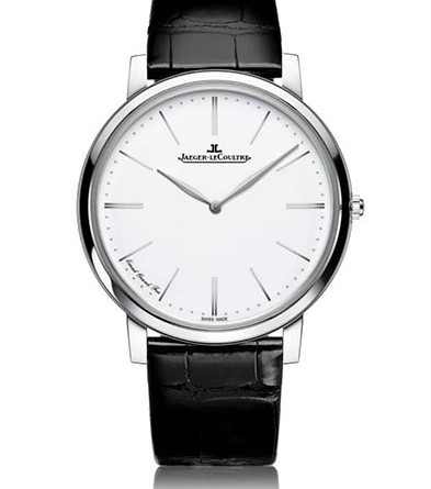Jaeger-leCoultre Master Ultra Thin Grand Feu • Jaeger-LeCoultre Calibre 849, ручной завод, запас хода – 35 часов • Корпус: белое золото, диам.- 39 мм. толщина - 5.04 мм • Циферблат: белый, эмаль (техника гран фё), часы-минуты • Водонепроницаемость: 30 м • Ремешок: кожа аллигатора/застежка-пряжка • Арт: Q12935E1