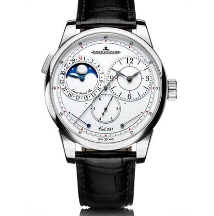 Jaeger-leCoultre Duometre a Quantieme Lunaire • Jaeger-LeCoultre Calibre 381, ручной завод, запас хода – 50 часов • Функции: часы, минуты, секунды, функция reset для «прыгающего» секундомера, дата, фаза луны, запас хода • Корпус: 18К белое золото, диам. 40.5 мм, толщина 13.40 мм, циферблат эмалевый • Стекло: сапфировое, с антибликовым покрытием • Водонепроницаемость: 50 метров • Ремешок: синий, кожа аллигатора, застежка-пряжка из 18К белого золота • Арт.: Q60435E1