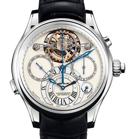 Montblanc Collection Villeret 1858 ExoTourbillon Rattrapante Арт. 111823 *Лимитированная серия – 18 экз. • Механизм: мануфактурный калибр MB M16.61, ручной завод, сплит-хронограф, 4-мин. турбийон, запас хода – 50 часов, 18000 пк/ч • Функции: часы, минуты, малые секунды, время второго часового пояса, индикатор «день/ночь», хронограф • Корпус: 18К белое золото, прозрачная задняя крышка, диам.47 мм, толщина - 18.20 мм • Циферблат: 18К белое золото, зерненый , шкалы – эмаль гран фё, стрелки – белое золото или вороненая сталь • Стекло: сапфировое • Водонепроницаемость: 30 м • Ремешок: кожа аллигатора, ручная работа/застежка пряжка из 18К белого золота