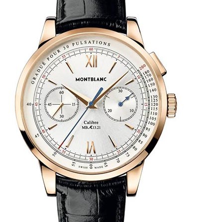 Montblanc Meisterstuck Heritage Pulsograph Арт.11626 • Механизм: мануфактурный калибр MB M13.21, ручной завод, хронограф-монопушер, запас хода – 55 часов, 18000 пк/ч • Функции: часы, минуты, малые секунды, хронограф, пульсометр • Корпус: 18К розовое золото, диам.41 мм, толщина – 11.8 мм, прозрачная задняя крышка • Циферблат: серебристый, декор «солнечные лучи», позолоченные/вороненая сталь стрелки • Стекло: сапфировое, с антибликовым покрытием, стойкое к царапинам • Водонепроницаемость: 30 м • Ремешок: черный, кожа аллигатора/ застежка-пряжка из 18К розового золота