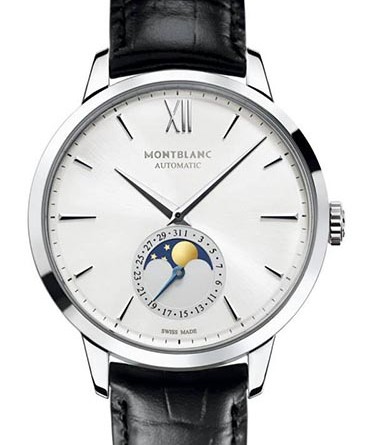 Montblanc Meisterstuck Heritage Moonphase Арт. 110699 • Механизм: мануфактурный калибр MB 29.14, автоподзавод, стрелочная индикация даты, фаза Луны, запас хода – 42 часа, 28800 пк/ч • Функции: часы, минуты, фаза Луны, дата • Корпус: нержавеющая сталь, диам.39 мм, толщина – 10,44 мм, прозрачная задняя крышка • Циферблат: серебристый, декор «солнечные лучи», с родиевым покрытием /вороненая сталь - стрелки • Стекло: сапфировое, с антибликовым покрытием, стойкое к царапинам • Водонепроницаемость: 30 м • Ремешок: черный, кожа аллигатора/ застежка-пряжка из нержавеющей стали