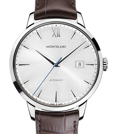 Montblanc Meisterstuck Heritage Date Automatic Арт.111580 • Механизм: мануфактурный калибр MB24.17 , автоподзавод, дата, запас хода – 38 часов, 28800 пк/ч • Функции: часы, минуты, секунды, дата • Корпус: нержавеющая сталь, диам. 41мм, толщина – 9,7 мм, прозрачная задняя крышка • Циферблат: серебристый, декор «солнечные лучи», с родиевым покрытием /вороненая сталь - стрелки, окошко даты в положении «3» часа • Стекло: сапфировое, с антибликовым покрытием, стойкое к царапинам • Водонепроницаемость: 30 м • Ремешок: коричневый, кожа аллигатора/застежка-пряжка из стали