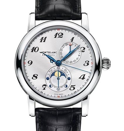 Montblanc Star Twin Moonphase Арт. 110642 • Механизм: мануфактурный калибр MB 29.13, автоподзавод, дата, фаза Луны, запас хода – 42 часа, 28800 пк/ч • Функции: часы, минуты, секунды, дата, фаза Луны • Корпус: нержавеющая сталь, диам. 42мм, толщина – 12.17 мм, прозрачная задняя крышка • Циферблат: серебристый, стрелки из вороненой стали • Стекло: сапфировое, с антибликовым покрытием, стойкое к царапинам • Водонепроницаемость: 30 м • Ремешок: черный, кожа аллигатора/тройная складная застежка из стали