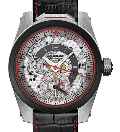 Montblanc TimeWalker Chronograph 100 Арт. 111285 • Механизм: мануфактурный калибр MB M66-25 , ручной завод, • Функции: часы, минуты, малые секунды, хронограф • Корпус: нержавеющая сталь/титан/углеродное волокно, диам. 45.6 мм, толщина – 15.48 мм, прозрачная задняя крышка • Циферблат: многоуровневый, стрелки – родиевое покрытие, Superluminova, стрелки хронографа – черная и красная лакированные • Стекло: сапфировое • Водонепроницаемость: 30 м • Ремешок: черный, кожа аллигатора/ застежка-пряжка из титана