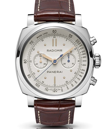 PANERAI RADIOMIR 1940 CHRONOGRAPH PLATINO ( O 45 MM ) / PAM00518 • Лимитированная серия 50 экз. • Ручной завод Panerai OP XXV, платина, 45 мм, прозрачная задняя крышка, циферблат цвета слоновой кости, плексиглас, 50 м, ремешок из кожи аллигатора
