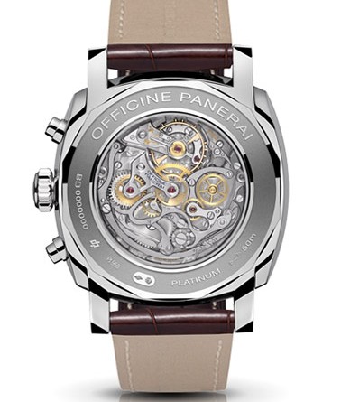 PANERAI RADIOMIR 1940 CHRONOGRAPH PLATINO ( O 45 MM ) / PAM00518 (back) • Лимитированная серия 50 экз. • Ручной завод Panerai OP XXV, платина, 45 мм, прозрачная задняя крышка, циферблат цвета слоновой кости, плексиглас, 50 м, ремешок из кожи аллигатора
