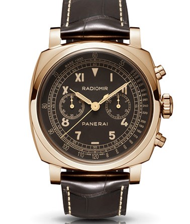 PANERAI RADIOMIR 1940 CHRONOGRAPH ORO ROSSO ( O 45 MM ) / PAM00519 • Лимитированная серия 100 экз. • Ручной завод Panerai OP XXV, красное золото, 45 мм, прозрачная задняя крышка, циферблат коричневого цвета, плексиглас, 50 м, ремешок из кожи аллигатора