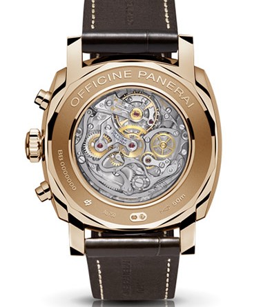 PANERAI RADIOMIR 1940 CHRONOGRAPH ORO ROSSO ( O 45 MM ) / PAM00519 (back) • Лимитированная серия 100 экз. • Ручной завод Panerai OP XXV, красное золото, 45 мм, прозрачная задняя крышка, циферблат коричневого цвета, плексиглас, 50 м, ремешок из кожи аллигатора