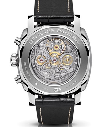 PANERAI RADIOMIR 1940 CHRONOGRAPH ORO BIANCO ( O 45 MM ) / PAM00520 (back) • Лимитированная серия 100 экз. • Ручной завод Panerai OP XXV, белое золото, 45 мм, прозрачная задняя крышка, циферблат коричневого цвета, плексиглас, 50 м, ремешок из кожи аллигатора