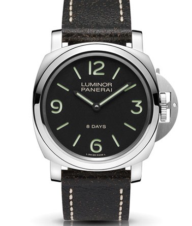 PANERAI LUMINOR BASE 8 DAYS ACCIAIO ( O 44 MM ) / PAM00560 • Ручной завод Panerai P.5000, сталь, 44 мм, запас хода – 8 дней, прозрачная задняя крышка, циферблат черного цвета, сапфировое стекло , 300 м, кожаный ремешок