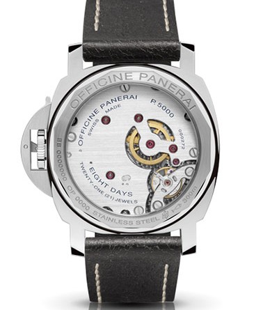 PANERAI LUMINOR BASE 8 DAYS ACCIAIO ( O 44 MM ) / PAM00560 (back) • Ручной завод Panerai P.5000, сталь, 44 мм, запас хода – 8 дней, прозрачная задняя крышка, циферблат черного цвета, сапфировое стекло , 300 м, кожаный ремешок