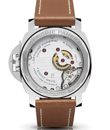 PANERAI LUMINOR BASE 8 DAYS ACCIAIO ( O 44 MM ) / PAM00561 (back) • Ручной завод Panerai P.5000 , сталь, 44 мм, запас хода – 8 дней, прозрачная задняя крышка, циферблат белого цвета, сапфировое стекло , 300 м, кожаный ремешок