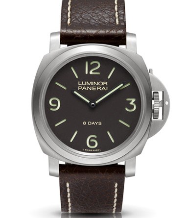 PANERAI LUMINOR BASE 8 DAYS TITANIO ( O 44 MM ) / PAM00562 • Ручной завод Panerai P.5000 , титан, 44 мм, запас хода – 8 дней, прозрачная задняя крышка, циферблат коричневого цвета, сапфировое стекло , 300 м, кожаный ремешок