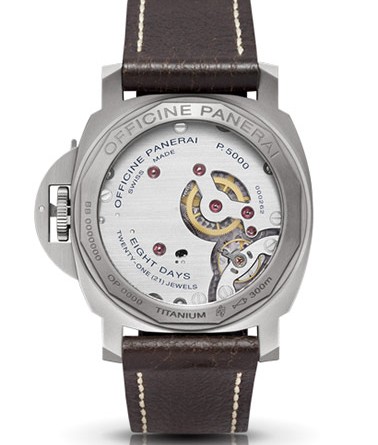 PANERAI LUMINOR BASE 8 DAYS TITANIO ( O 44 MM ) / PAM00562 (back) • Ручной завод Panerai P.5000 , титан, 44 мм, запас хода – 8 дней, прозрачная задняя крышка, циферблат коричневого цвета, сапфировое стекло , 300 м, кожаный ремешок