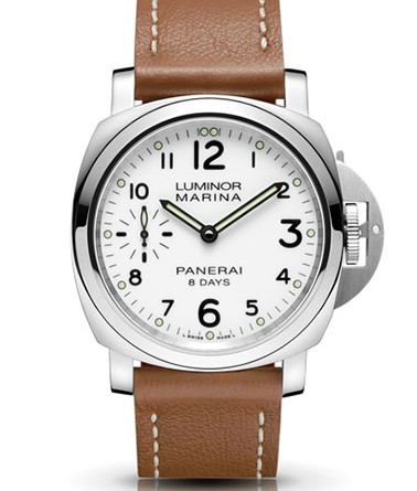 PANERAI LUMINOR MARINA 8 DAYS ACCIAIO ( O 44 MM ) / PAM00563 • Ручной завод, сталь, 44 мм, запас хода – 8 дней, прозрачная задняя крышка, циферблат белого цвета, сапфировое стекло , 300 м, кожаный ремешок