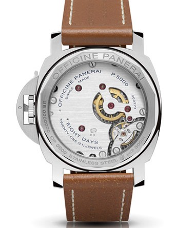 PANERAI LUMINOR MARINA 8 DAYS ACCIAIO ( O 44 MM ) / PAM00563 (back) • Ручной завод, сталь, 44 мм, запас хода – 8 дней, прозрачная задняя крышка, циферблат белого цвета, сапфировое стекло , 300 м, кожаный ремешок