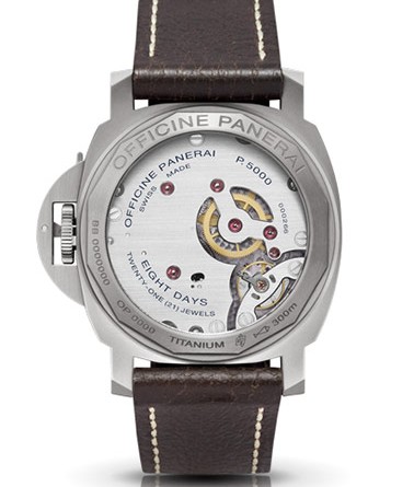 PANERAI LUMINOR MARINA 8 DAYS TITANIO ( O 44 MM ) / PAM00564 (back) • Ручной завод Panerai P.5000 , титан, 44 мм, запас хода – 8 дней, прозрачная задняя крышка, циферблат коричневого цвета, сапфировое стекло , 300 м, кожаный ремешок