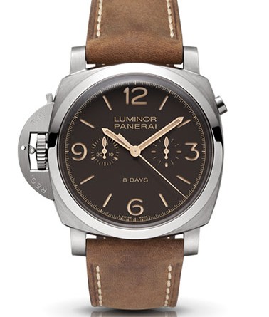 PANERAI LUMINOR 1950 CHRONO MONOPULSANTE LEFT-HANDED 8 DAYS TITANIO ( O 47 MM ) / PAM00579 • Ручной завод P.2004/9, титан, 47 мм, запас хода – 8 дней, прозрачная задняя крышка, циферблат коричневого цвета, сапфировое стекло, 100 м, кожаный ремешок