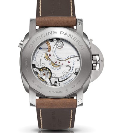 PANERAI LUMINOR 1950 CHRONO MONOPULSANTE LEFT-HANDED 8 DAYS TITANIO ( O 47 MM ) / PAM00579 (back) • Ручной завод P.2004/9, титан, 47 мм, запас хода – 8 дней, прозрачная задняя крышка, циферблат коричневого цвета, сапфировое стекло, 100 м, кожаный ремешок
