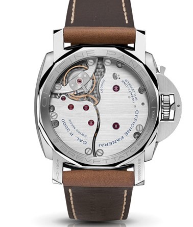 PANERAI LUMINOR 1950 LEFT-HANDED 3 DAYS ACCIAIO ( O 47 MM ) / PAM00557 (back) • Ручной завод P.3000, сталь, 47 мм, запас хода – 3 дня, прозрачная задняя крышка, циферблат черного цвета, плексиглас, 100 м, кожаный ремешок