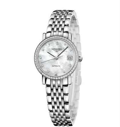 The Longines Elegant Collection. Артикул: L4.309.0.87.6. Механизм: L595 (ETA 2000/1), 8¾ линий, 20 камней, 28800 пк/ час. Запас хода - 40 часов. Корпус: круглый, диам. 25.50 мм, нержавеющая сталь, бриллианты по безелю, сапфировое стекло,стойкое к царапинам, прозрачная задняя крышка. Водонепроницаемость: Да 3 атмосфер (30 метров). Браслет/ремешок: Стальной/ сталь+ 18К розовое золото// тройная складная застежка с нажимным механизмом. Циферблат: перламутровый, 12 бриллиантов.