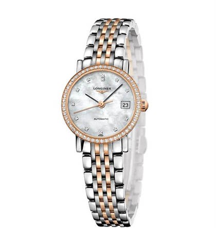 The Longines Elegant Collection. Артикул:L4.309.5.88.7. Механизм: L595 (ETA 2000/1), 8¾ линий, 20 камней, 28800 пк/ час. Запас хода - 40 часов. Корпус: круглый, диам. 25.50 мм, нержавеющая сталь/18К розовое золото, бриллианты по безелю, сапфировое стекло,стойкое к царапинам, прозрачная задняя крышка. Водонепроницаемость: Да 3 атмосфер (30 метров). Браслет/ремешок: Сталь+ 18К розовое золото// тройная складная застежка с нажимным механизмом. Циферблат: перламутровый, 12 бриллиантов.