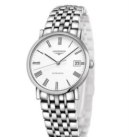 The Longines Elegant Collection. Артикул: L4.809.4.11.6. Механизм: автоподзавод/ калибр L619 (ETA 2892/A2), 11½ линий, 21 камень, 28800 пк/ ч, запас хода - 42 часа. Функции Часы, минуты, секунды и дата на отметке «3». Корпус: нержавеющая сталь, диам. 34.5 мм, Сапфировое стекло, устойчивое к царапинам. Прозрачная задняя крышка. Циферблат: белый, нарисованный римские цифры. Водонепроницаемость: До 3 атмосфер (30 метров). Браслет/ремешок: Стальной, тройная складная застежка с нажимным механизмом.