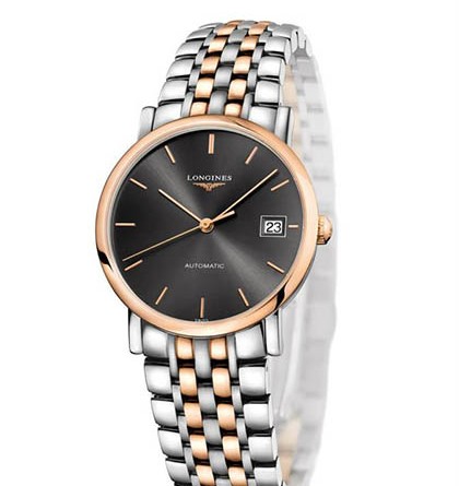 The Longines Elegant Collection. Артикул: L4.809.5.72.7. Механизм: автоподзавод/ калибр L619 (ETA 2892/A2), 11½ линий, 21 камень, 28800 пк/ ч, запас хода - 42 часа. Функции Часы, минуты, секунды и дата на отметке «3». Корпус: нержавеющая сталь/18Крозовое золото, диам. 34.5 мм, Сапфировое стекло, устойчивое к царапинам. Прозрачная задняя крышка. Циферблат: черный, накладные метки. Водонепроницаемость: До 3 атмосфер (30 метров). Браслет/ремешок: Сталь+18К розовое золото, тройная складная застежка с нажимным механизмом.