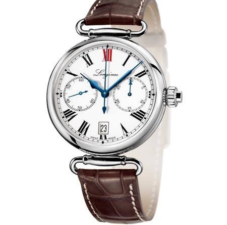 The Longines Column-Wheel Single Push-Piece Chronograph. Артикул: Нержавеющая сталь L2.775.4.23.x , L2.776.4.21.x. Калибр: Механический с автоподзавдом, однокнопочный хронограф с колонным колесом. Калибр L788.2 (ETA A08.L11), 13¼ линий, 27 камней, 28’800 колебаний в час. Запас хода: 54 часа. Функции: Часы, минуты, секунды, дата. Хронограф. Центральная секундная стрелка. 30-минутный счетчик в положении «3 часа». Корпус: Круглый, нержавеющая сталь или розовое золото (Ø 40 мм). Однокнопочный хронограф. Сапфировое стекло, с антибликовым покрытием. Прозрачная задняя крышка с сапфировым стеклом. Подвижные ушки корпуса. Водонепроницаемость: До 3 атмосфер (30 метров). Циферблат: Белый, арабские или римские цифры. Малая секундная стрелка в положении «9» часов. Дата в положении «6» часов. 30-минутный счетчик в положении «3» часа. Стрелки: Вороненая сталь. Ремешок Из кожи аллигатора, коричневого цвета с пряжкой.