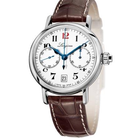 The Longines Column-Wheel Single Push-Piece Chronograph. Артикул: Нержавеющая сталь L2.775.4.23.x , L2.776.4.21.x. Калибр: Механический с автоподзавдом. Однокнопочный хронограф с колонным колесом. Калибр L788.2 (ETA A08.L11). 13¼ линий, 27 камней, 28’800 колебаний в час. Запас хода: 54 часа. Функции: Часы, минуты, секунды, дата Хронограф. Центральная секундная стрелка. 30-минутный счетчик в положении «3 часа». Корпус: Круглый, нержавеющая сталь или розовое золото (Ø 40 мм). Однокнопочный хронограф. Сапфировое стекло, с антибликовым покрытием. Прозрачная задняя крышка с сапфировым стеклом. Водонепроницаемость: До 3 атмосфер (30 метров). Циферблат: Белый, арабские или римские цифры. Малая секундная стрелка в положении «9» часов. Дата в положении «6» часов. 30-минутный счетчик в положении «3» часа. Стрелки: Вороненая сталь. Ремешок Из кожи аллигатора, коричневого цвета с пряжкой.