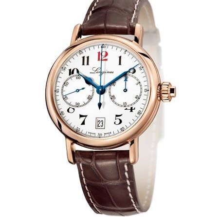 The Longines Column-Wheel Single Push-Piece Chronograph. Артикул: Розовое золото L2.775.8.23.x Калибр: Механический с автоподзавдом. Однокнопочный хронограф с колонным колесом. Калибр L788.2 (ETA A08.L11). 13¼ линий, 27 камней, 28’800 колебаний в час. Запас хода: 54 часа. Функции: Часы, минуты, секунды, дата Хронограф. Центральная секундная стрелка. 30-минутный счетчик в положении «3 часа». Корпус: Круглый, нержавеющая сталь или розовое золото (Ø 40 мм). Однокнопочный хронограф. Сапфировое стекло, с антибликовым покрытием. Прозрачная задняя крышка с сапфировым стеклом. Водонепроницаемость: До 3 атмосфер (30 метров). Циферблат: Белый, арабские или римские цифры. Малая секундная стрелка в положении «9» часов. Дата в положении «6» часов. 30-минутный счетчик в положении «3» часа. Стрелки: Вороненая сталь. Ремешок Из кожи аллигатора, коричневого цвета с пряжкой.