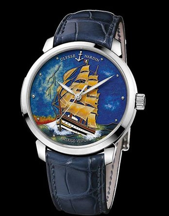 Ulysse Nardin Classico Enamel Amerigo Vespucci Артикул: 8150-111-2/AV Корпус: 40 мм /из 18К белого золота Циферблат: "Amerigo Vespucci" Механизм: Калибр 11½" UN-815. Автоподзавод Водонепроницаемость: 50 метров Ремешок: ремешок из кожи аллигатора.