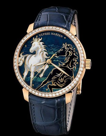Ulysse Nardin Classico Enamel Horses Артикул: 8156-111B-2/CHEVAL Корпус: 40мм/ 18К розовое золото Циферблат: "Horse" Механизм: Калибр 11½" UN-815. Автоподзавод Водонепроницаемость: 50 метров Ремешок: из кожи аллигатора.