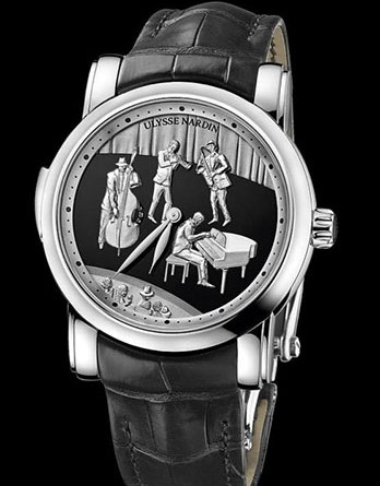 Ulysse Nardin Jazz Minute Repeater Артикул: 749-88 Диаметр: 42мм Корпус: из платины 950 Циферблат: из чёрного оникса Механизм: Калибр UN-74. Ручной завод Водонепроницаемость: 30 метров Ремешок: из кожи аллигатора Лимитированная серия 18 экз. Жакемары