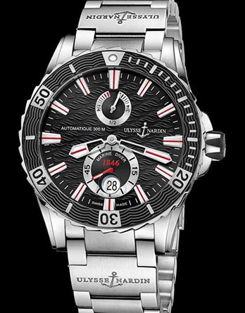 Ulysse Nardin Marine Diver Арт.: 263-10-7M/92 Диаметр: 44мм Корпус: из нержавеющей стали Циферблат:чёрный Механизм: Калибр 11½" UN-26. Автоподзавод, малая секундная стрелка, индикация запаса хода Водонепроницаемость: 300 метров Браслет: нержавеющая сталь