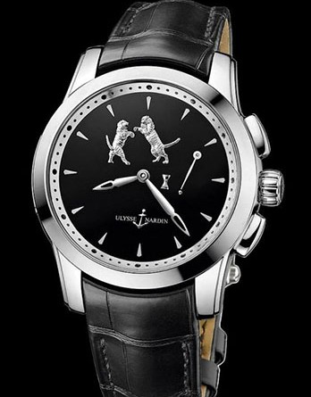 Ulysse Nardin Hourstriker Артикул: 6109-130/E2-TIGER Диаметр: 42мм Корпус: из платины 950 Циферблат: из чёрного оникса, "Tigers" Механизм: Калибр 11½" UN-610. /автоподзавод / минутный репетир Водонепроницаемость: 30 метров Ремешок: из кожи аллигатора