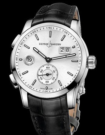 Ulysse Nardin Dual Time Manufacture Артикул: 3343-126/91 Диаметр: 42мм Корпус: из нержавеющей стали Циферблат: серебристый Механизм: Калибр UN-334. Автоподзавод, быстрая настройка времени второго часового пояса, малая секундная стрелка Водонепроницаемость: 30 метров Ремешок: из кожи аллигатора