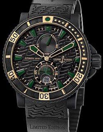 Ulysse Nardin Black Sea / Blue Sea Артикул: 263-92LE-3C/928-RG Диаметр: 45.8мм Корпус: стальной Циферблат: чёрный Механизм: Калибр 11½" UN-26. Автоподзавод, малая секундная стрелка, индикация запаса хода Водонепроницаемость: 200 метров Ремешок: каучуковый