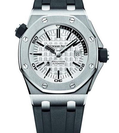 ROYAL OAK OFFSHORE DIVER мужские. Диаметр 42 мм. Механизм с автоподзаводом , запас хода 60 часов. Корпус из нержавеющей стали. Сапфировое стекло с антибликовым покрытием. Прозрачная задняя крышка. Водонепроницаемость до 300 метров. Черный или серебристый циферблат с узором «Méga Tapisserie», накладные часовые метки и стрелки Royal Oak из белого золота с люминесцентным покрытием (черная минутная стрелка), черное или серебристое вращающееся внутреннее кольцо со шкалой для подводных погружений с черным сектором между отметками «60 минут » и «15 минут ». Черный каучуковый ремешок . Функции: Измерение продолжительности погружения,Часы,Минуты,Секунды (центральная стрелка), Дата. АРТИКУЛ 15710ST.OO.A002CA.02 /15710ST.OO.A002CA.01