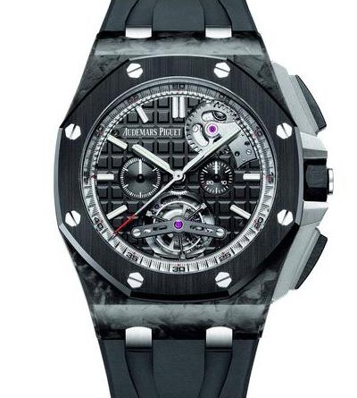 ROYAL OAK OFFSHORE (АВТОМАТИЧЕСКИЙ ТУРБИЙОН, ХРОНОГРАФ) мужские. Диаметр 44 мм. Механизм с автоподзаводом , запас хода 65 часов. Корпус из кованого карбона. Сапфировое стекло с антибликовым покрытием. Прозрачная задняя крышка. Водонепроницаемость до 100 метров. Черный циферблат с узором «Méga Tapisserie», черные счетчики, накладные часовые метки и стрелки Royal Oak из белого золота с люминесцентным покрытием, внутреннее сапфировое кольцо с индикацией секунд. Черный каучуковый ремешок. Функции: Хронограф с центральной секундной стрелкой 30-минутный счетчик , Часы , Минуты , Маленькая секундная стрелка. АРТИКУЛ 26550AU.OO.A002CA.01