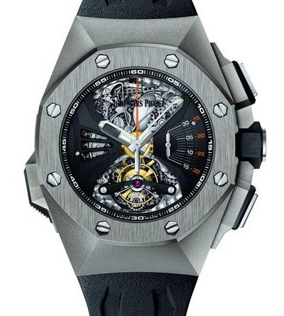 ROYAL OAK CONCEPT RD#1 мужские. Диаметр 44 мм. Механизм с ручным заводом, запас хода 40 часов. Корпус из титана. Сапфировое стекло с антибликовым покрытием. Прозрачная задняя крышка. Водонепроницаемость до 20 метров. Черный скелетонированный циферблат с матовой отделкой, черные счетчики, стрелки из белого золота с люминесцентным покрытием, черное внутреннее кольцо с индикацией секунд. Черный каучуковый ремешок. Функции: Минутный репетир, Турбийон, Хронограф с центральной секундной стрелкой, 30-минутный счетчик, Часы, Минуты. АРТИКУЛ 26576TI.OO.D002CA.01
