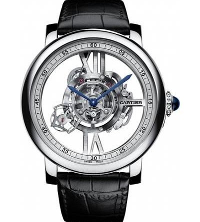 ЧАСЫ ROTONDE DE CARTIER ASTROTOURBILLON, МОДЕЛЬ СКЕЛЕТОН. 47 мм, механизм с ручным заводом, белое золото, кожа аллигатора. APT: W1556250